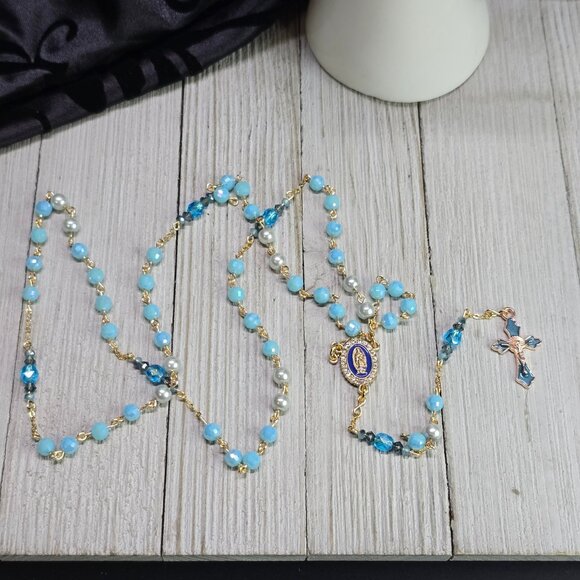 Handcrafted Elegant Ocean Inspired Pale Blue/Deep blue Rosary Christmas Gift - Picture 4 of 7